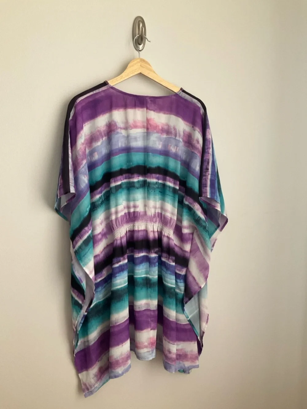 Lane Bryant 18-20 Lavender and Teal Watercolor Stripe V neck Kimono Style Tunic - Picture 3 of 10